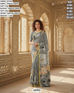 Sari Tradicional de Crepé Grey Ember Grace Malai, Sin Arrugas y Absorbente de Humedad, para Bodas y Fiestas - Product Image 1