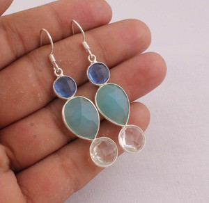 Boucles d'oreilles pendantes en argent sterling 925 avec pierres précieuses multiples, lapis-lazuli, bijoux de mariage, vente en gros - Product Image 3