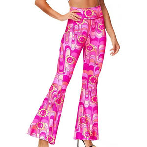 Pink Flare <b>Pants</b> High Waist Elastic Waist Printed Pattern Casual <b>Summer</b> Style Breathable Lightweight Knitted Fabric <b>Pants</b> - Product Image 6