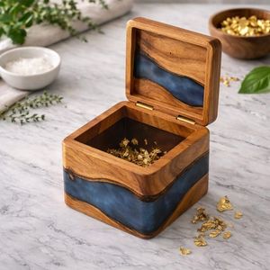Bela Artisan Handmade Acacia Wood Epoxy Resin Jewelry <b>Box</b> 10x10x7 cm Single Ring Storage Decorative <b>Keepsake</b> Gift Model 111 - Product Image 3