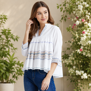 Blusa de Gasa Blanca para Mujer con Bordado Floral, Cuello en V, Manga con Volantes, Estilo Bohemio, Holgada, para Primavera/Verano - Product Image 4