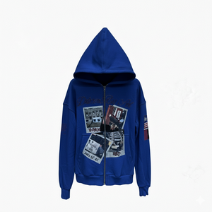 Sweat à capuche zippé oversize pour homme, style streetwear urbain, en molleton bleu roi avec patchwork graphique personnalisé et strass - Product Image 2