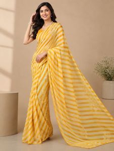 Sari Indio Tradicional Amarillo con Estampado Leheriya en Georgette, para Uso Diario, Festivo y de Fiesta, para Mujer, Venta al Por Mayor - Product Image 4