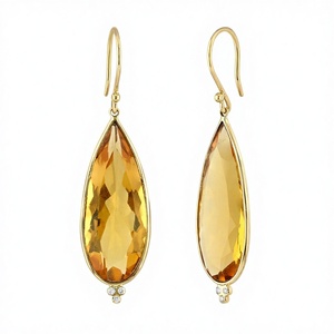 Boucles d'oreilles pendantes géométriques en or massif 18 carats faites à la main, avec citrine naturelle taille brillant et accents de diamants blancs, pour mariage et soirée - Product Image 1