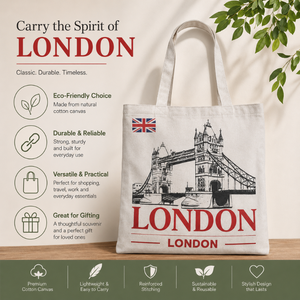 Eco Friendly London Cotton Canvas Tote <b>Bag</b> | Tower Bridge Printed Reusable Shopping <b>Bag</b> Promotional Souvenir Tote Long Handles - Product Image 6