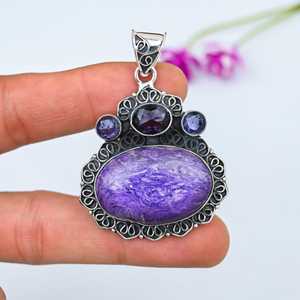 Pendentif élégant en Charoïte, argent sterling 925, bijoux en pierres précieuses faits à la main, cadeau de fiançailles vintage, certifié par un tiers, pour homme NIKHIL - Product Image 4