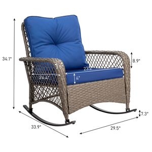 Sedia a Dondolo in Rattan Grigio Stile Moderno con Cuscino Blu e Schienale in Acciaio Inox - Per Uso in Giardino - Product Image 5
