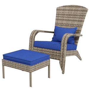 Sedia da esterno in vimini intrecciato con poggiapiedi e cuscini rimovibili (blu) - Product Image 1