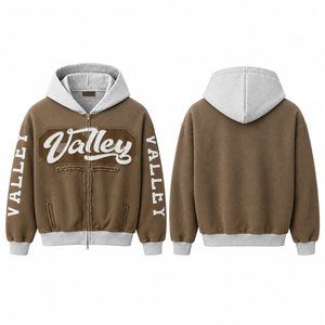 เสื้อฮู้ดซิปหน้าผู้ชาย สีน้ำตาลเทา มีซับใน สวมใส่สบายๆ สำหรับฤดูใบไม้ร่วง ทรงปกติ มีกระเป๋าหน้า พิมพ์ลายโลโก้ - Product Image 1