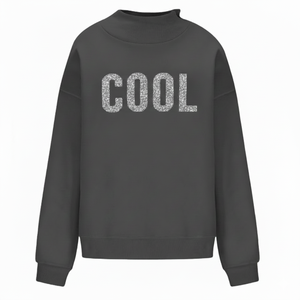 Women's Black Crew <b>Neck</b> Sweatshirt With Glitter Cool Letter Print Regular Fit Knitted Cotton <b>Top</b> Autumn Style <b>mock</b> <b>neck</b> - Product Image 1