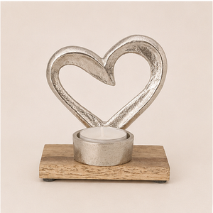 Luxury Polished Aluminum Double Heart <b>Tea</b> Light Candle Holder With Rustic Mango Wood Base For Tabletop Home Decoration Wholesale - Product Image 1