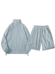 Men's Light Blue Casual Printed Two-Piece <b>Set</b> Breathable Fleece Quick Dry Polyester Jacket and Shorts Autumn Wear - Product Image 1