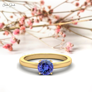 Proveedor mayorista de anillos de compromiso de oro macizo de 14k con piedra preciosa de tanzanita natural de corte redondo de 6 mm, regalo para novias. - Product Image 5