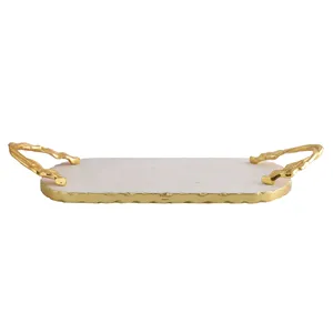 Luxury White Marble Serving Tray with Gold Leaf Handles Single Tier Multifunction Jewelry Storage & <b>Coffee</b> <b>Table</b> Organizer - Product Image 1
