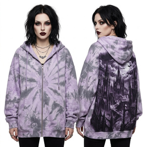 Custom Grey Acid Wash Zip Up Hoodie Women <b>Gothic</b> Bat Vortex Spiral Graphic Print Oversized Streetwear Fleece <b>Jacket</b> Top - Product Image 4
