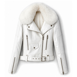 Custom <b>White</b> PU Leather Moto Jacket With Faux Fur Collar Zipper Closure Belted Slim Fit <b>Winter</b> Biker <b>Coat</b> For Unisex - Product Image 1
