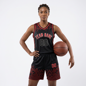 Maillot de basket-ball personnalisé sublimé noir et rouge sans manches col en V coupe athlétique unisexe adulte impression du nom de l'équipe - Product Image 6