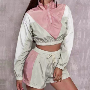 Women's Color Sporty 2 Piece Shorts Full Sleeve Stand Collar Zipper Breathable Polyester Spring Summer Casual Wear Shorts <b>Set</b> - Product Image 2
