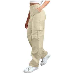 Pantalon cargo décontracté pour femme, taille mi-haute, coupe ample, multi-poches, couleur unie, pantalon de jogging printemps, streetwear tendance - Product Image 1