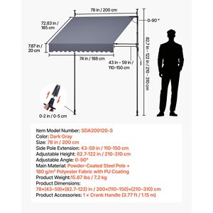 Auvent de terrasse rétractable manuel, hauteur réglable 78 pouces, abri pare-soleil pour porte et fenêtre - Product Image 2