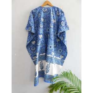 Vestido Kaftán de Algodón con Estampado Artesanal, Cuello en V, Mangas Murciélago, Cordón Ajustable, Estilo Boho, Túnica Holgada para la Playa, Vacaciones de Verano - Product Image 6