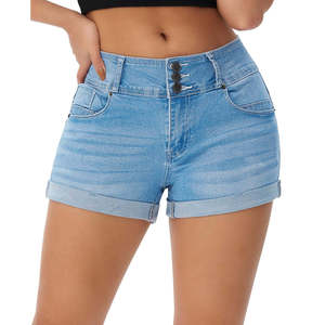Shorts de mezclilla lisos de color azul cielo, ajustados y a la moda para mujer, a precios económicos. - Product Image 2