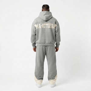 Ensemble de survêtement à capuche pour homme, gris, avec blocs de couleur, imprimé Ma-ATTiera, fermeture éclair intégrale, coupe ample, décontracté, sweat-shirt et pantalon - Product Image 2