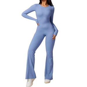 Combinaison tricotée moulante taille haute pour femme, effet ventre plat, manches longues, sans coutures, pour le yoga - Product Image 1