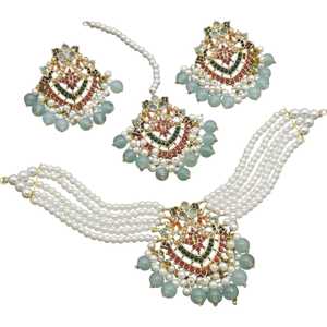 Juego de Joyería Kundan de Diseño, 3 Piezas, Collar y Aretes de Latón, Diseño Personalizado, Joyería de Moda para Bodas de Alta Calidad - Product Image 1