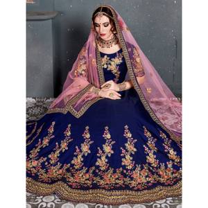 Lehenga Choli de mariée en taffetas de soie bleu marine brodé avec dupatta - Product Image 5