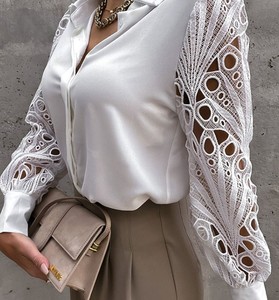 Women's New Fashion Midi Natural Waist Lace Bow Button Hollow Out <b>Patchwork</b> Long Sleeve Solid Color Casual <b>Tops</b> - Product Image 5