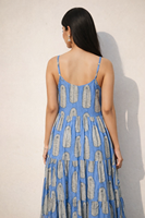 Robe longue décontractée d'été pour femme, bleue, imprimée, col en V, coupe trapèze, sans manches, à fines bretelles, écologique, légère et fluide, pour la plage, OEM