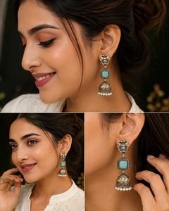 Pendientes Colgantes Bohemios Jhumka de Plata Oxidada Bicolor con Flor y Piedra Verde, Hechos a Mano, para Aniversario de Mujer, con Engaste de Bisel, Venta al por Mayor - Product Image 3