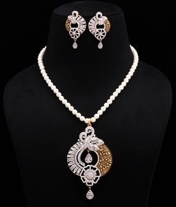 Peacock Inspired Pearl Necklace Set 22K Gold Plated Brass CZ Stone Jewelry Antique Gold Bridal Gift For Her - Product Image 1