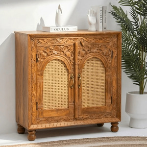 Buffet de salle à manger antique en bois de manguier massif sculpté à la main avec portes en rotin et rangements - Product Image 2