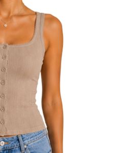 Débardeur côtelé beige pour femme, sans manches, boutonné devant, coupe courte, en coton extensible, ajusté, décontracté, tricoté, mode estivale, style camisole - Product Image 4