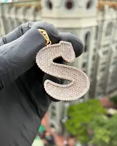 Pendentif lettre S en moissanite, style hip-hop, personnalisable, alphabet brillant, plaqué or ou argent, bijoux pour homme - Product Image 2