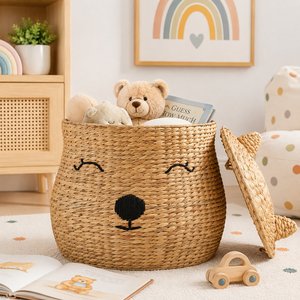 Handwoven Water Hyacinth <b>Storage</b> <b>Basket</b> with Cute Bear Design Lid <b>Toy</b> Organizer Nursery Laundry <b>Basket</b> Home Decoration - Product Image 1
