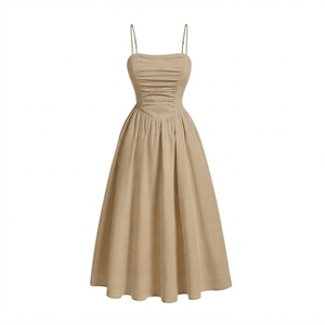 Vestido Midi con Tirantes Finos y Corte en A para Mujer, Color Sólido, Cintura Fruncida, Estilo Casual de Verano, Vestido de Poliéster Tejido - Product Image 2