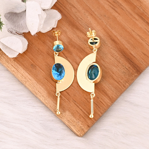 Boucles d'oreilles pendantes en laiton plaqué or avec topaze bleue hydrogénée, bijoux faits à la main, tendance - Product Image 5