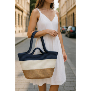 Womens Handmade Cotton Woven Modern Soft Tote <b>Bag</b> Eco-Friendly Tri Color Striped Navy Blue White <b>Tan</b> Shopping Handbag Rope - Product Image 1