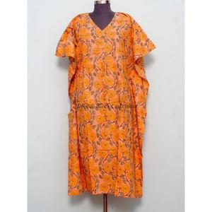 Vestido Kaftán de Tela con Estampado de Bloques Personalizado de Alta Calidad, Diseño con Cordón Ajustable en la Cintura, Corte Holgado, Largo, para Playa, Verano, para Mujer - Product Image 1