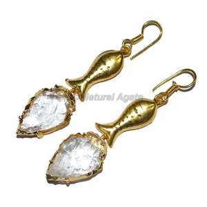 Achetez les meilleures boucles d'oreilles fantaisie tendance en jaspe électroplaqué avec pointes de flèche et poisson doré intégré - Product Image 4