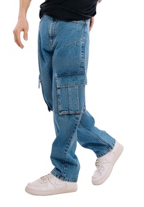 Pantalon cargo baggy pour homme, coupe droite, bleu foncé, tissé, respirant, avec décoration délavée, taille mi-haute, coupe ample, prix ultra bas, en stock - Product Image 4