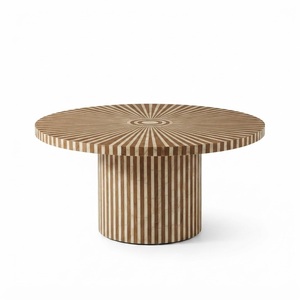 Mesa de Centro Redonda de Lujo Hecha a Mano con Incrustaciones de Hueso Azul Turquesa y Patrón a Rayas con Base de Pedestal para Sala de Estar o Villa - Product Image 4