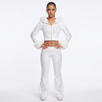 Ensemble de survêtement pour femme personnalisé avec strass, capuche, fermeture éclair, manches longues, pantalon évasé, style élégant pour la rue, tissu 100% coton
