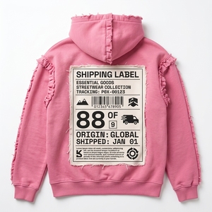 Sweat-shirt à capuche court rose en coton pour homme, style Y2K, tendance, effet vieilli, bords bruts, coupe oversize, streetwear, avec fermeture éclair, vente en gros - Product Image 2
