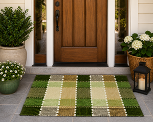 Tapis d'extérieur rectangulaire vert à carreaux en fibres végétales, tissé à la machine, style ferme moderne, idéal pour le yoga et les pique-niques - Product Image 1