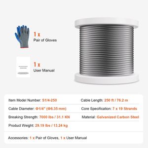 Cavo in Acciaio al Carbonio Zincato 7x19 Fili, Resistenza alla Rottura 7000 Libbre, 1/4" 250 ft, per Recinzioni, Tralicci e Cancelli - Product Image 3