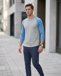 T-shirt à manches raglan pour homme, blanc et noir, bordure contrastée, col rond, coupe décontractée, couleur unie, coton tricoté - Product Image 6